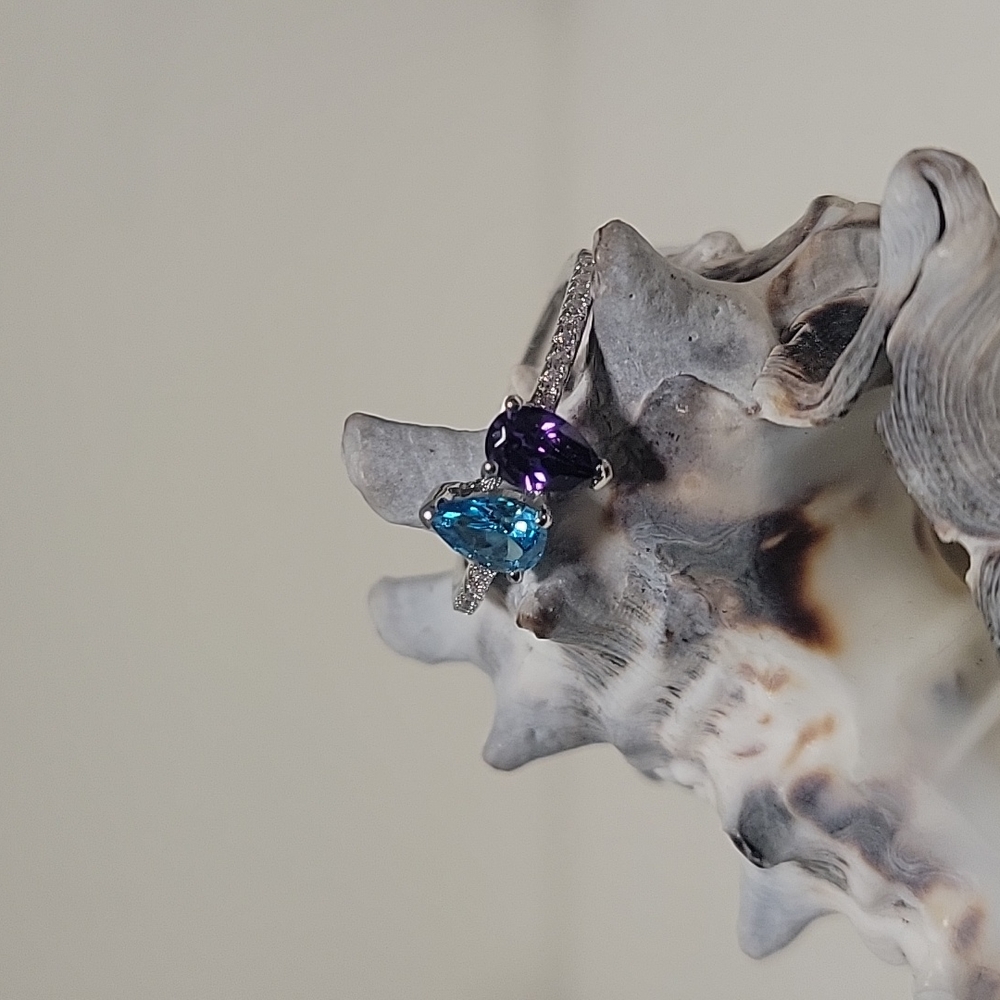 Blue and amethyst pear-shaped CZ ring